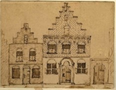 Vermaanhuis van de oude gemeente aan de Lange Breestraat in Dordrecht. Anonieme tekening 19e eeuw